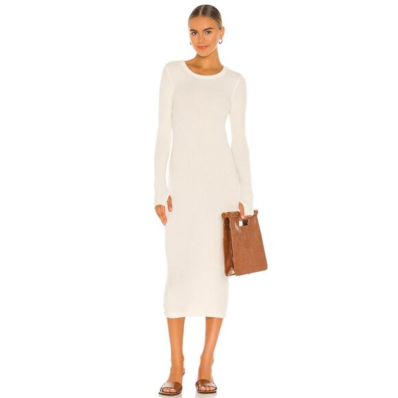 ENZA COSTA Cashmere Rib Long Sleeve Dress Womens Large Cream Midi Tencel Crew - Picture 1 of 16